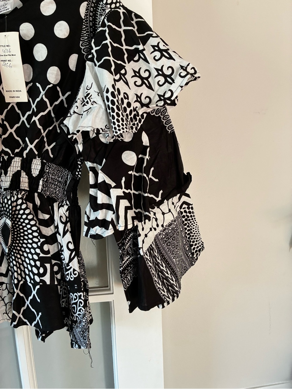 Black & White Patterned Ruffle Sleeve Peplum Top - Picture 3 of 4